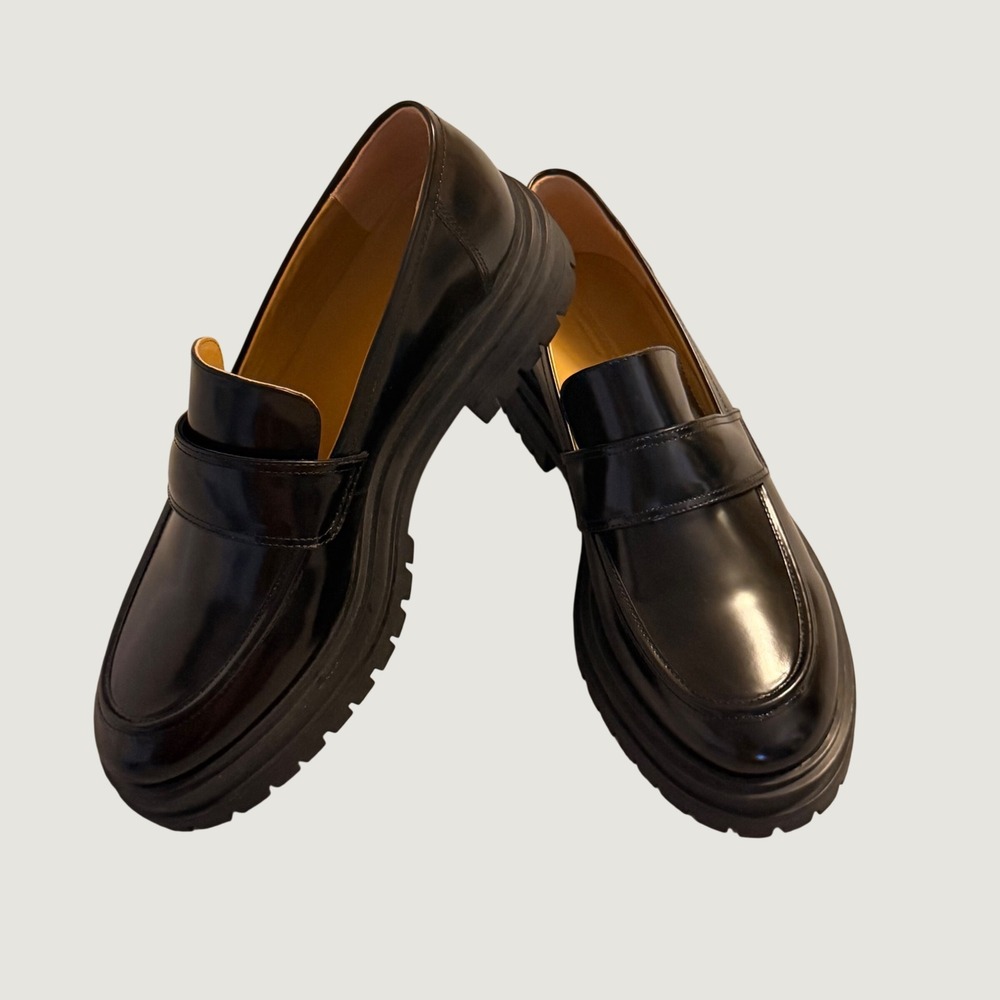NEW Tony Bianco Womens Black Leather Lug Sole Penny Loafers Chunky Platform 9.5